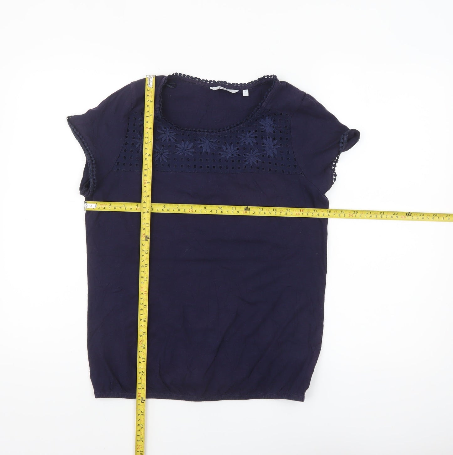 Next Women Blue Embroidered Cotton Short Sleeve Blouse Size 14