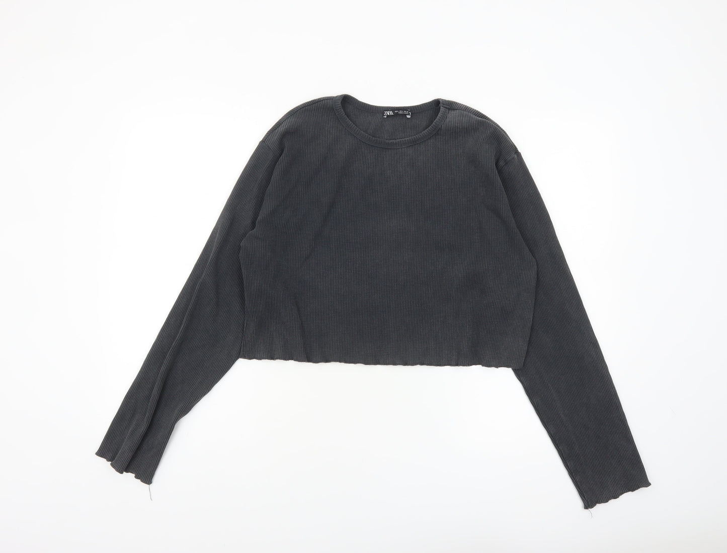 Zara Women Black Cropped Long Sleeve Ribbed Cotton Top Size 14