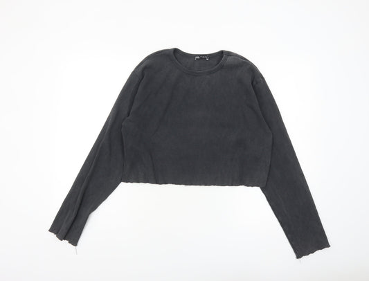 Zara Women Black Cropped Long Sleeve Ribbed Cotton Top Size 14