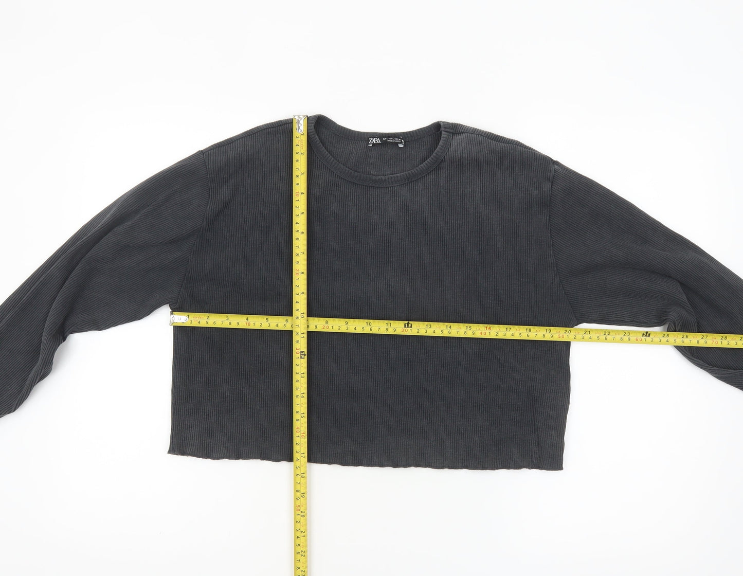 Zara Women Black Cropped Long Sleeve Ribbed Cotton Top Size 14