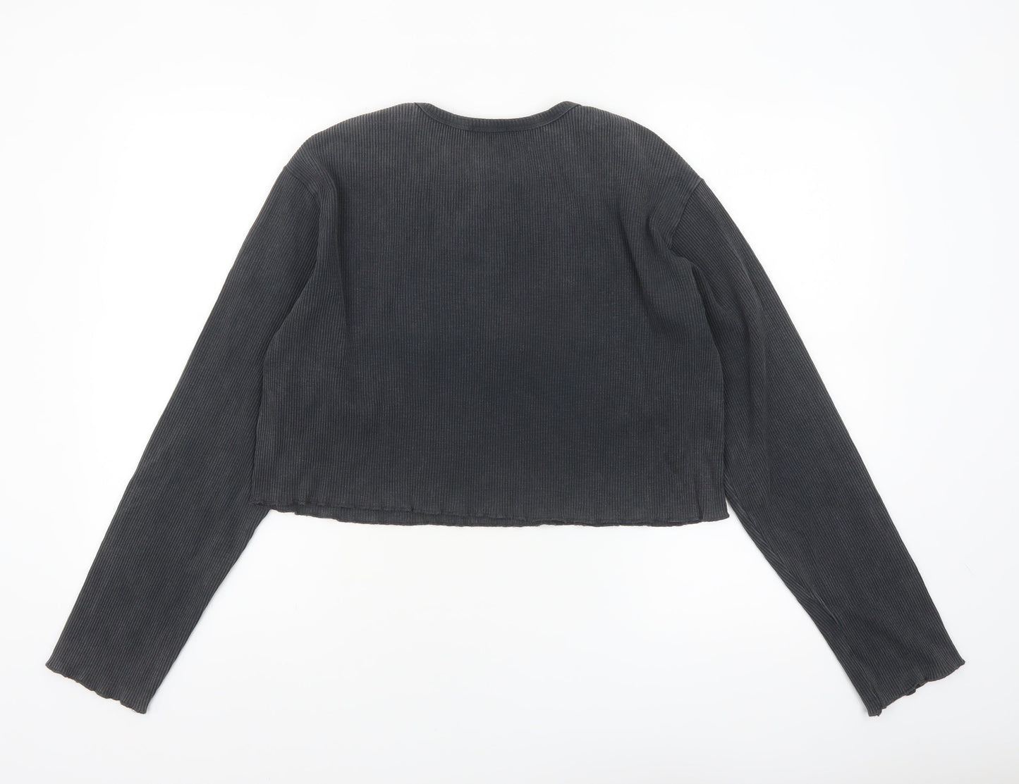 Zara Women Black Cropped Long Sleeve Ribbed Cotton Top Size 14