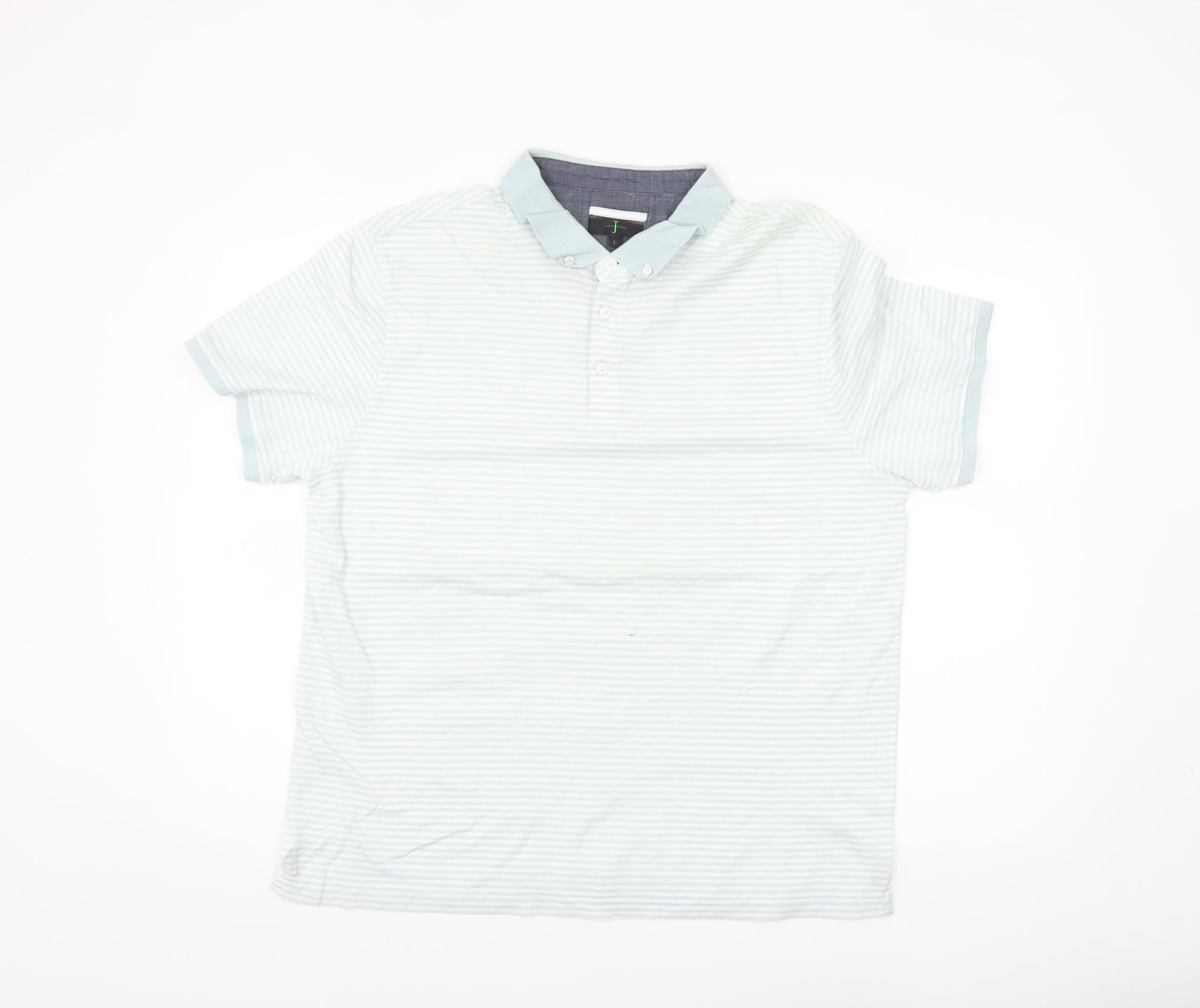 Jasper Conran Men's Blue Striped Button-Down Cotton Polo Shirt L