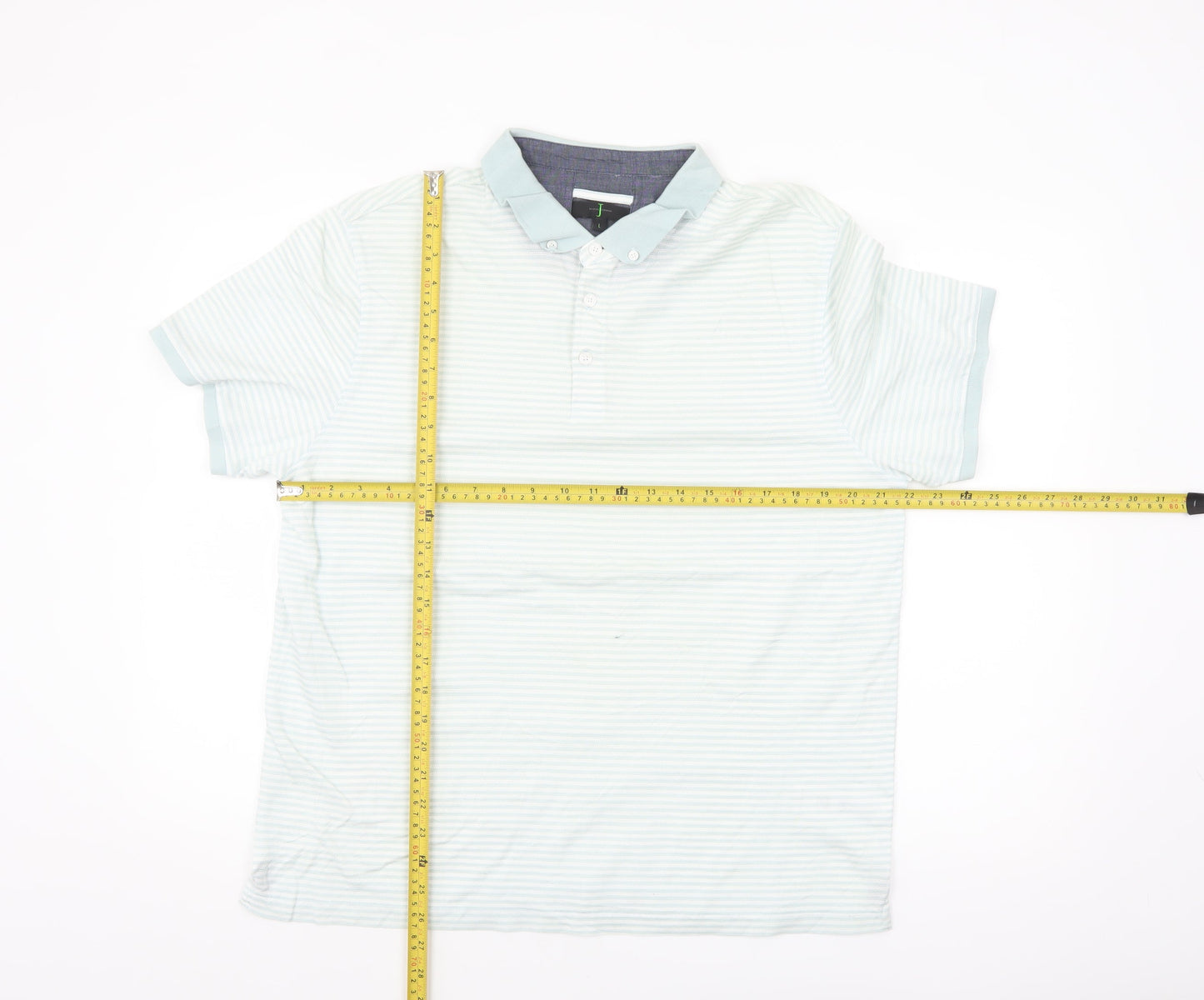 Jasper Conran Men's Blue Striped Button-Down Cotton Polo Shirt L