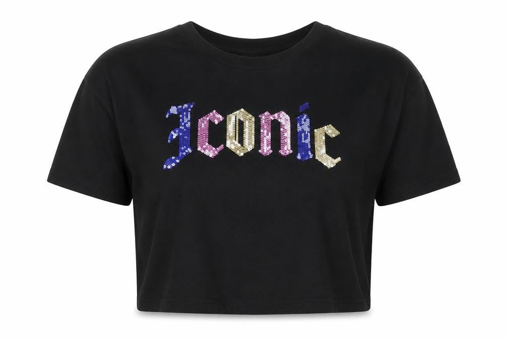 H&M Divided Women’s Black Sequin Iconic Cropped T-Shirt Size 14