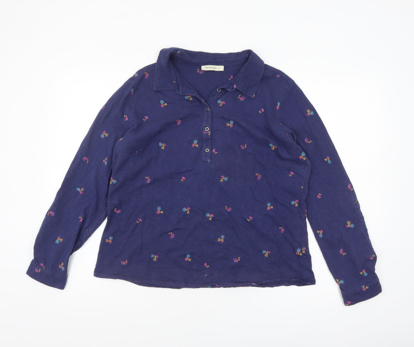 WoolOvers Women's Navy Blue Floral Embroidered Long Sleeve Polo Shirt M