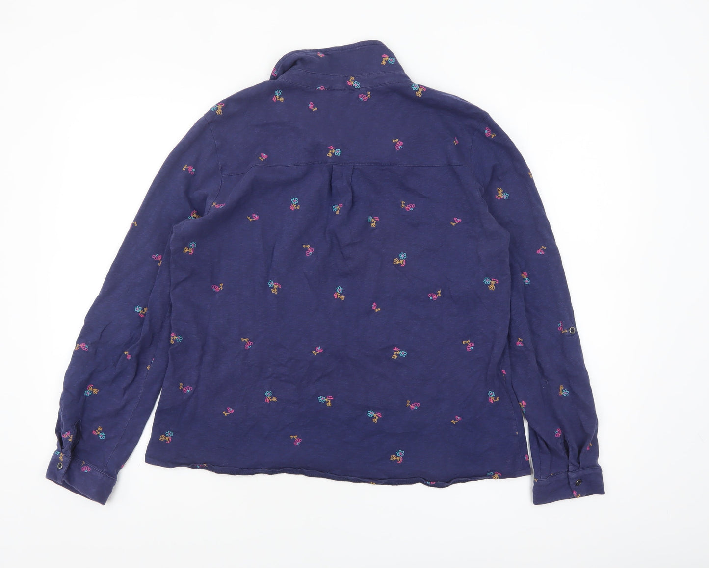 WoolOvers Women's Navy Blue Floral Embroidered Long Sleeve Polo Shirt M