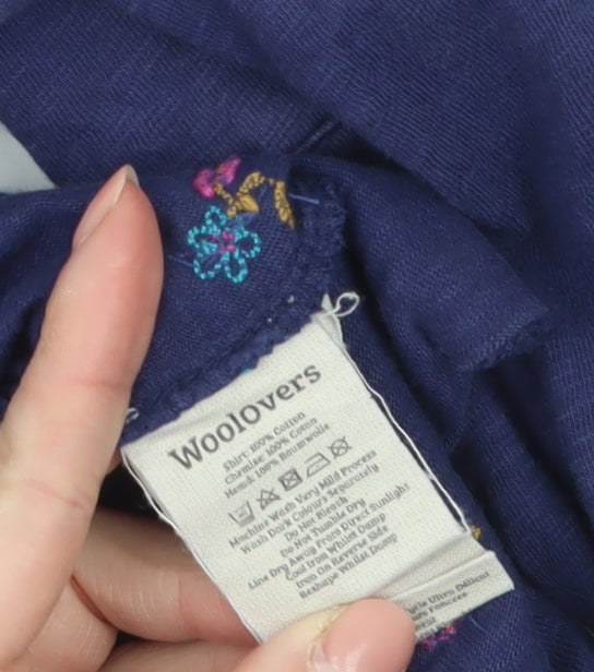 WoolOvers Women's Navy Blue Floral Embroidered Long Sleeve Polo Shirt M