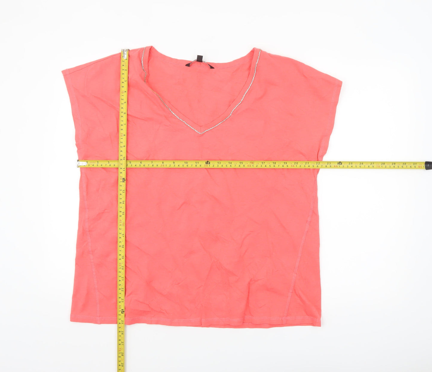 Bonmarché Women Pink Size 18 Cotton Linen Beaded V-Neck T-Shirt
