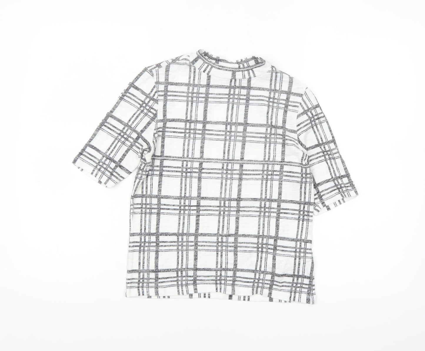 Topshop Women’s White Check Short Sleeve High Neck T-Shirt Size 10