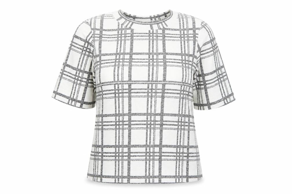 Topshop Women’s White Check Short Sleeve High Neck T-Shirt Size 10