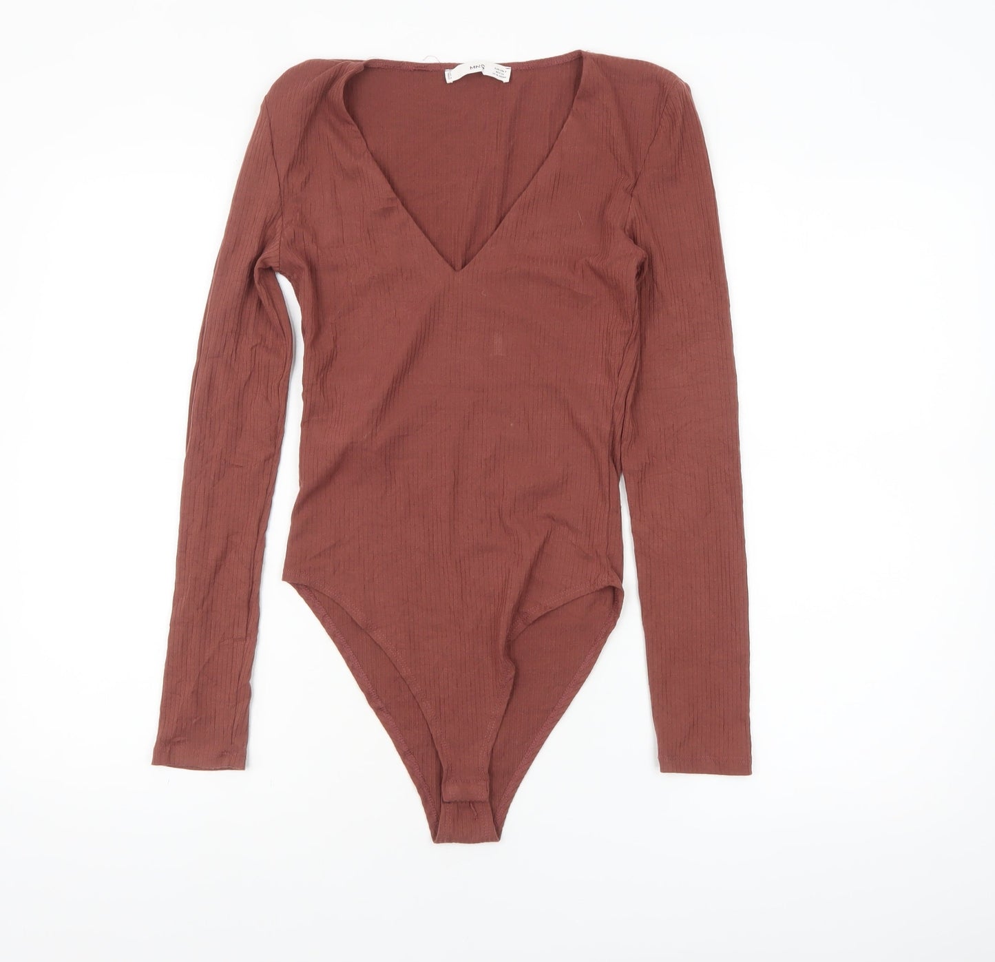 MNG Women Brown Ribbed Long Sleeve V-Neck Bodysuit Size S