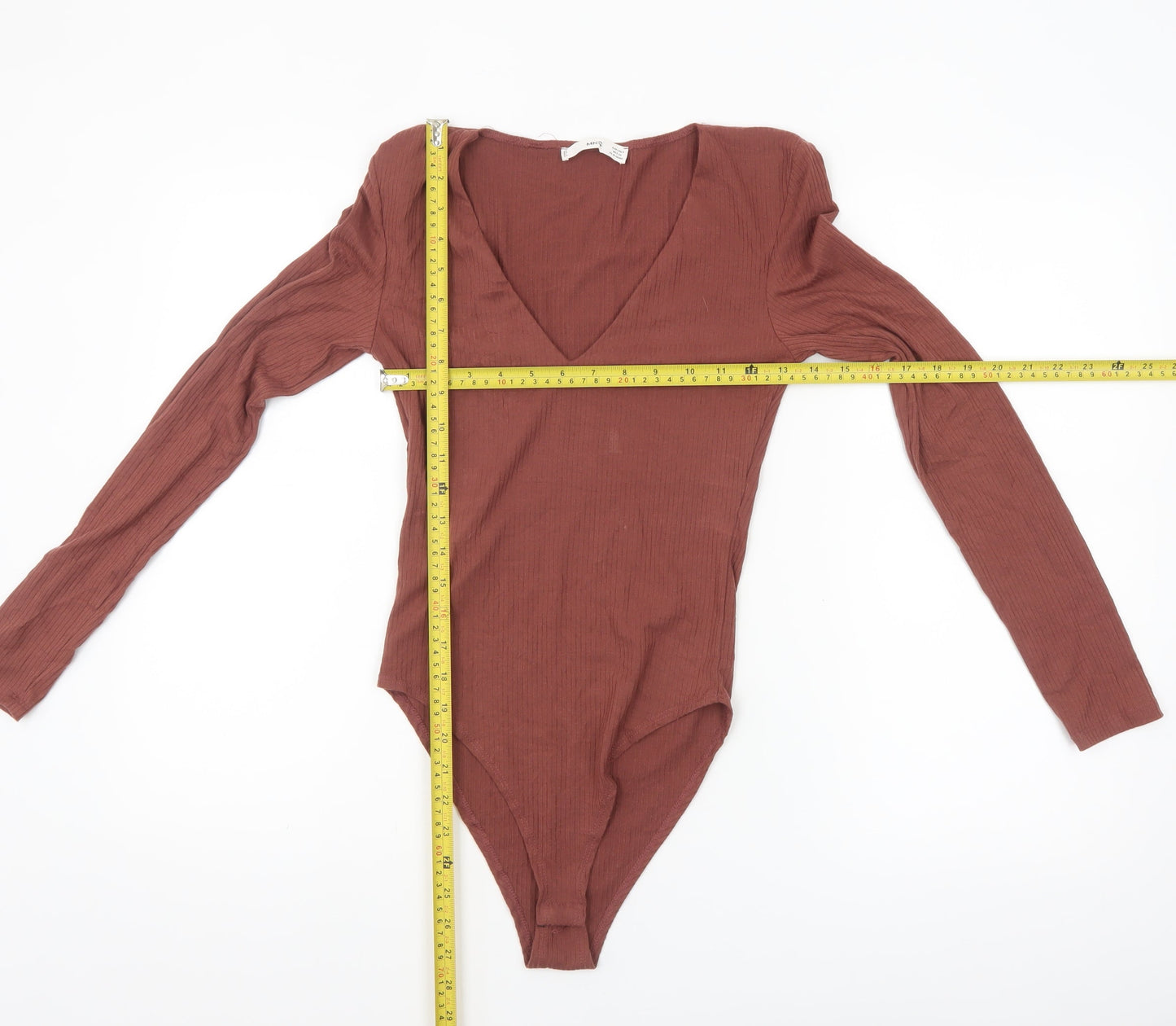 MNG Women Brown Ribbed Long Sleeve V-Neck Bodysuit Size S
