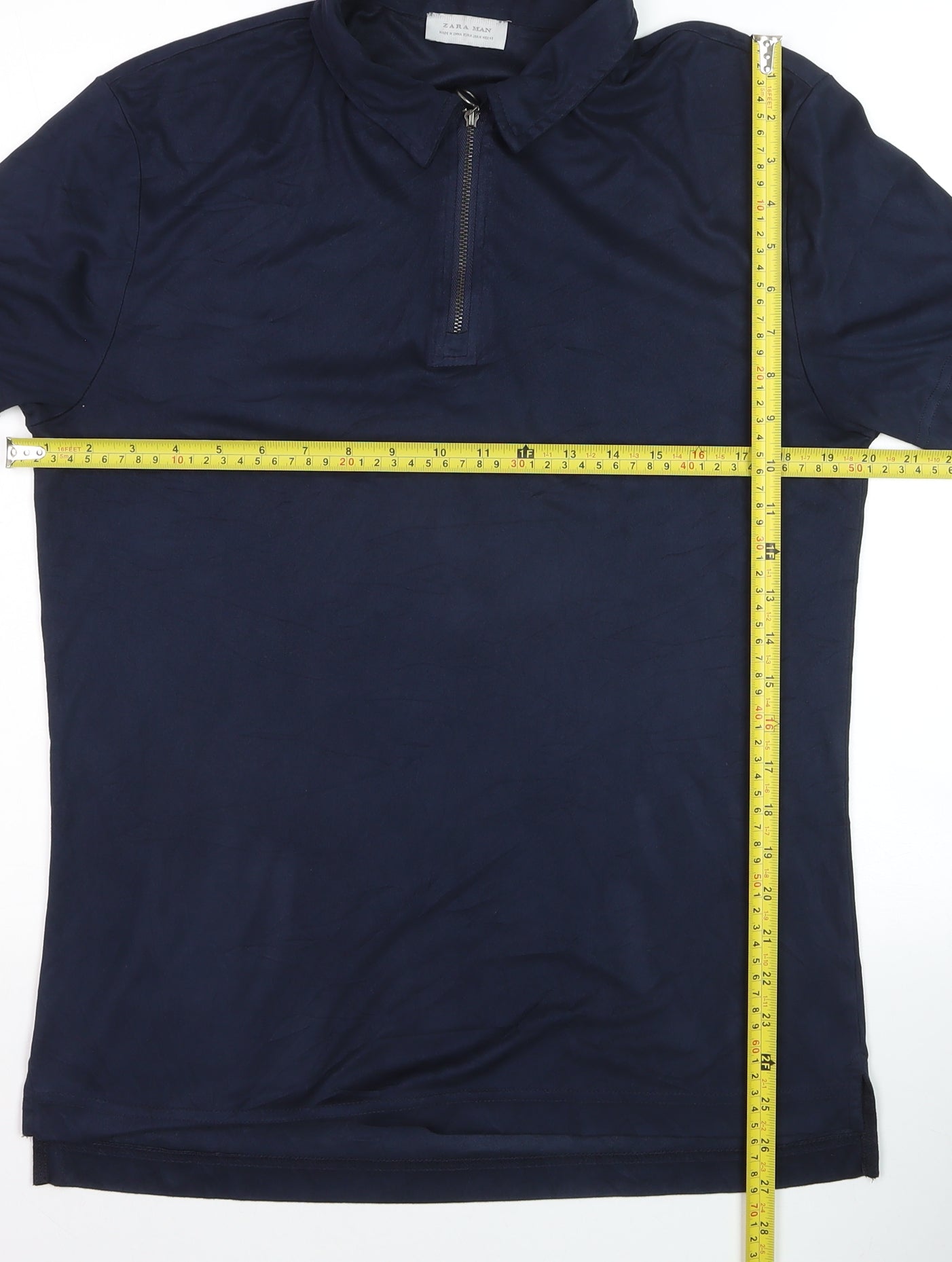 Zara Man Blue Cotton Short Sleeve Zip Collar Polo Shirt Size M