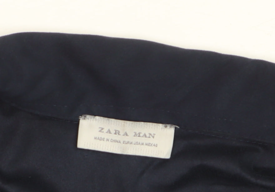 Zara Man Blue Cotton Short Sleeve Zip Collar Polo Shirt Size M