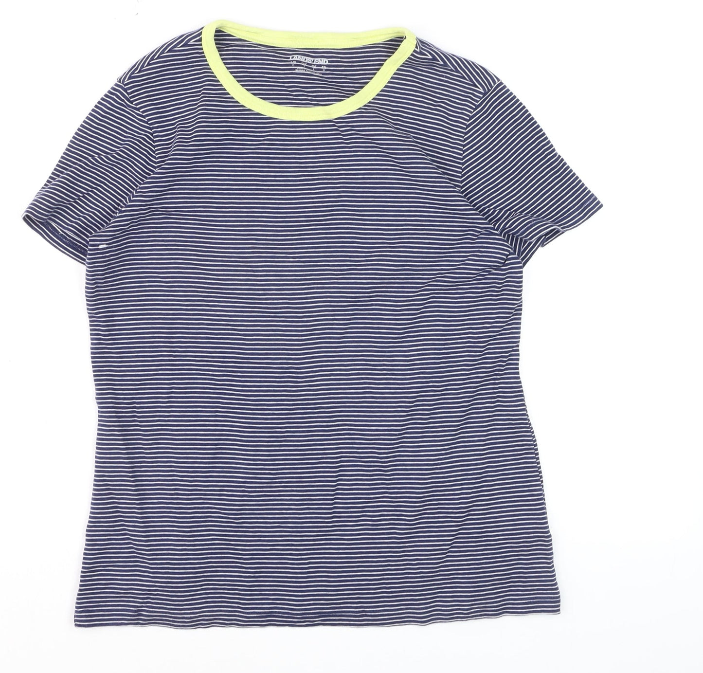 Lands' End Men Blue Striped Cotton Crew Neck Short Sleeve T-Shirt S