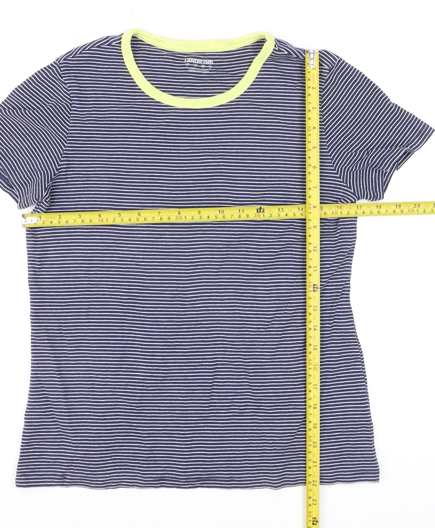 Lands' End Men Blue Striped Cotton Crew Neck Short Sleeve T-Shirt S