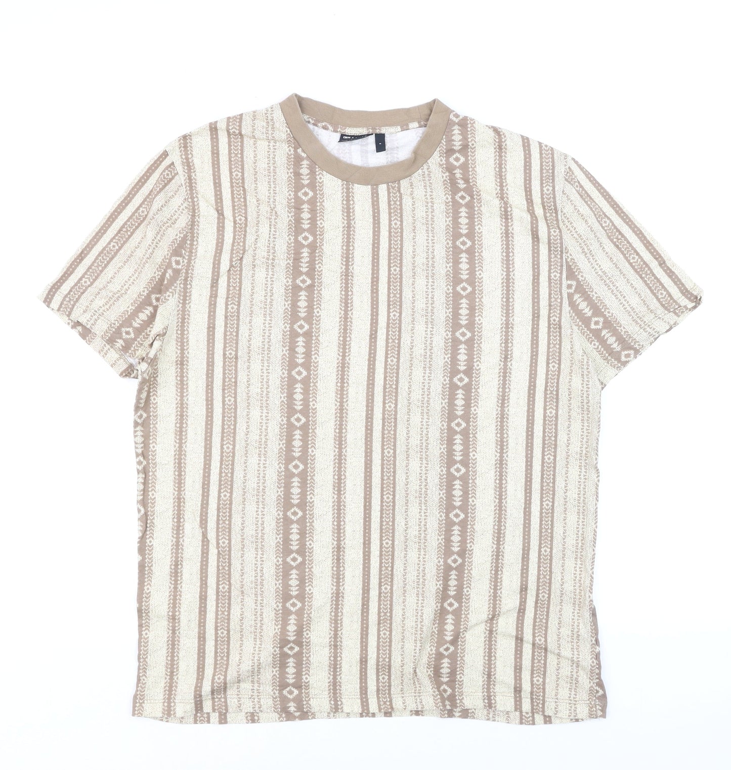 ASOS DESIGN Men's Beige Aztec Geometric Cotton Crew Neck T-Shirt Size S