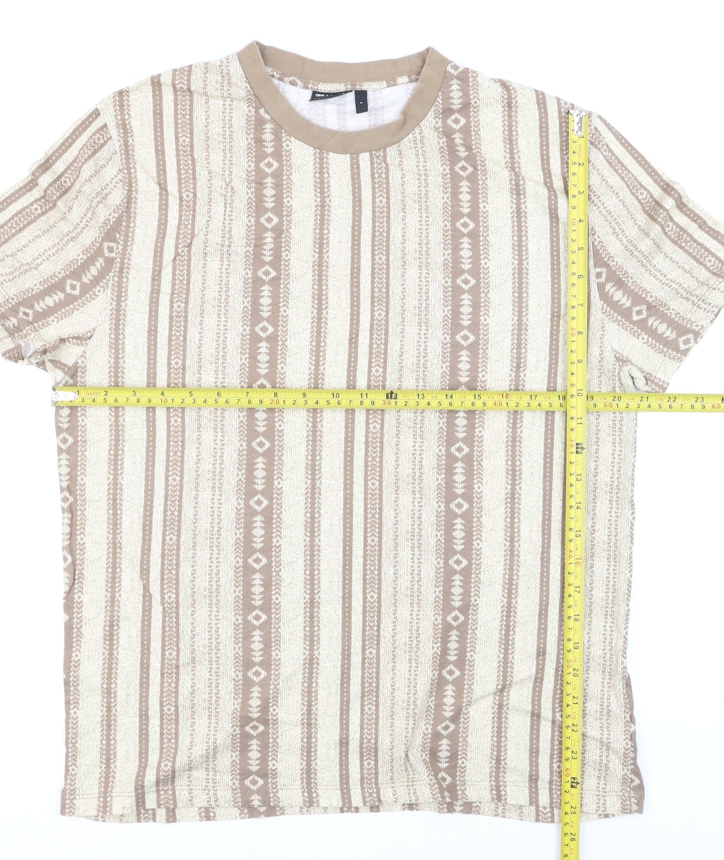 ASOS DESIGN Men's Beige Aztec Geometric Cotton Crew Neck T-Shirt Size S