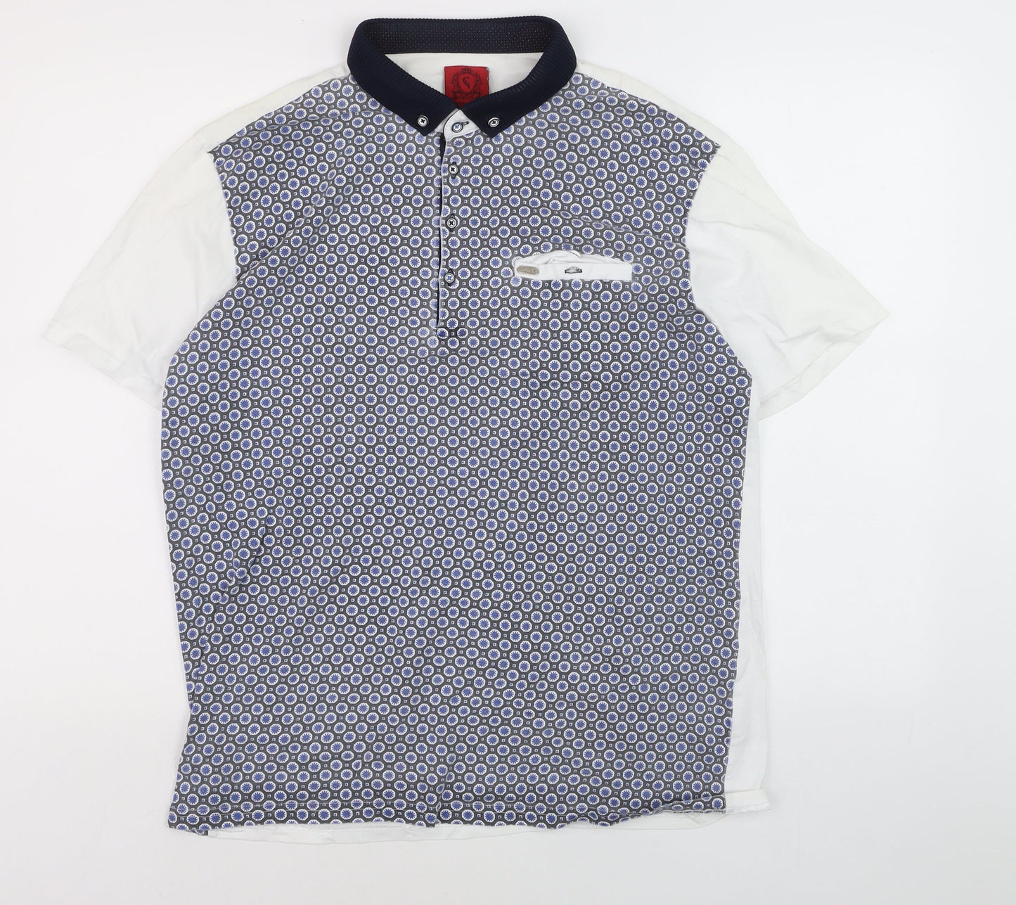 Swade Men's Blue Geometric Short Sleeve Cotton Polo 2XL