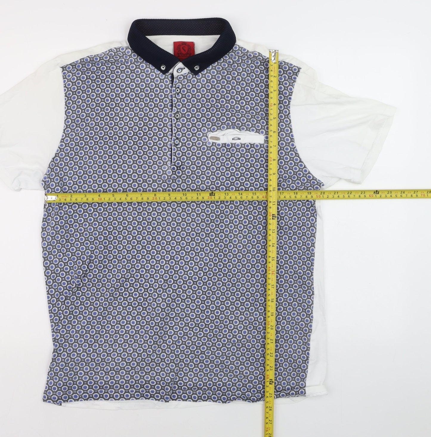 Swade Men's Blue Geometric Short Sleeve Cotton Polo 2XL
