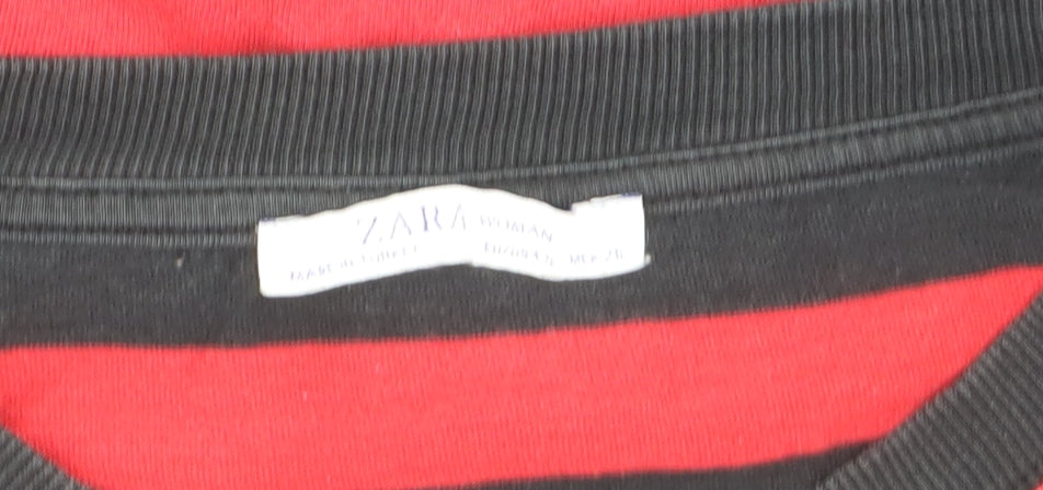Zara Woman Black Red Striped Long Sleeve T-Shirt Medium
