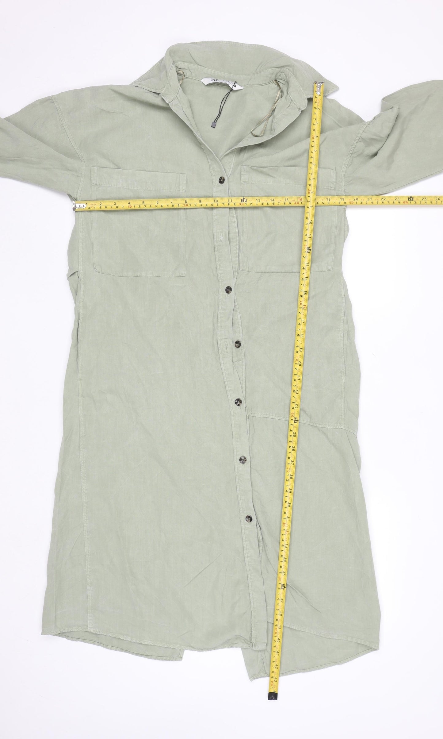Zara Women Green Linen Shirt Dress Size 16 Long Sleeve Midi