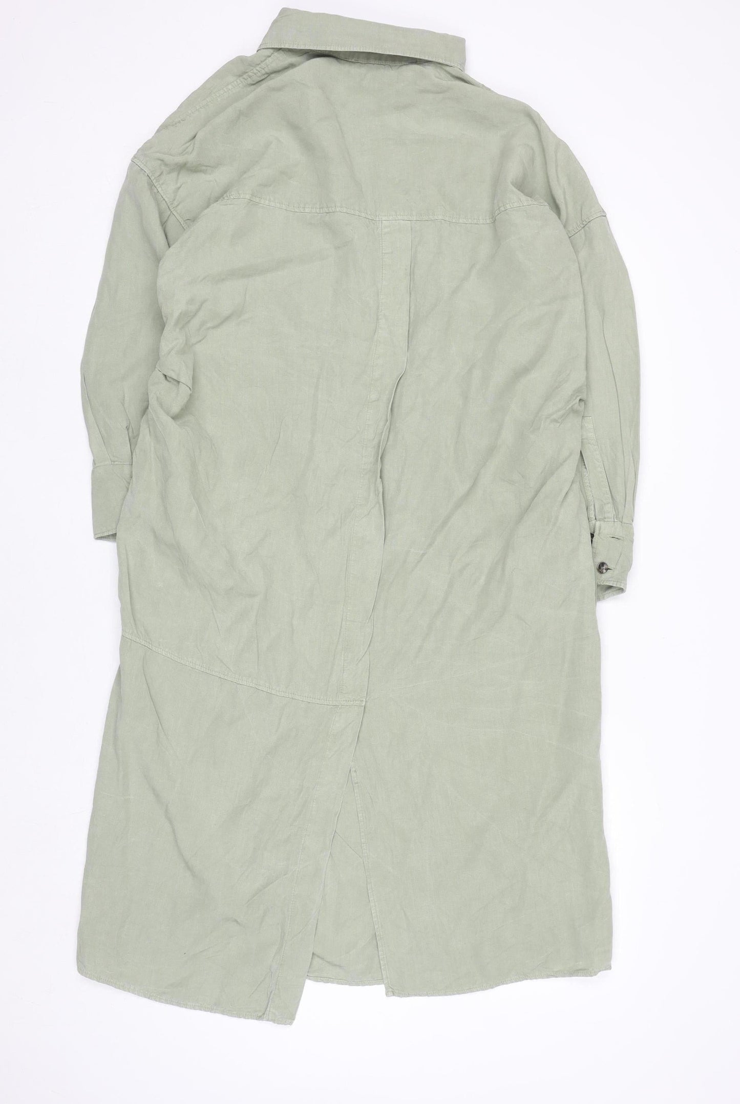 Zara Women Green Linen Shirt Dress Size 16 Long Sleeve Midi