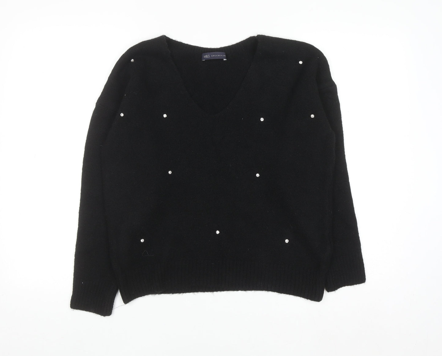 Marks and Spencer Women's Black Beaded V-Neck Jumper Size 10