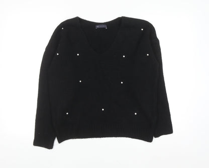Marks & Spencer Women's Black Beaded V-Neck Jumper Size 10