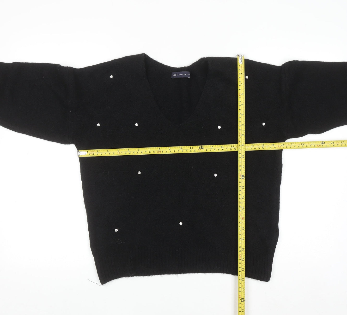 Marks and Spencer Women's Black Beaded V-Neck Jumper Size 10