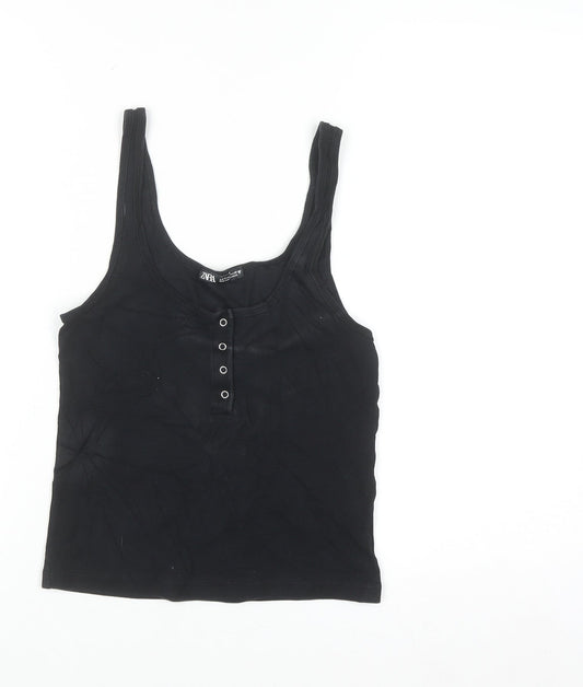 ZARA Women Black Basic Ribbed Tank Top Size S Cotton Blend
