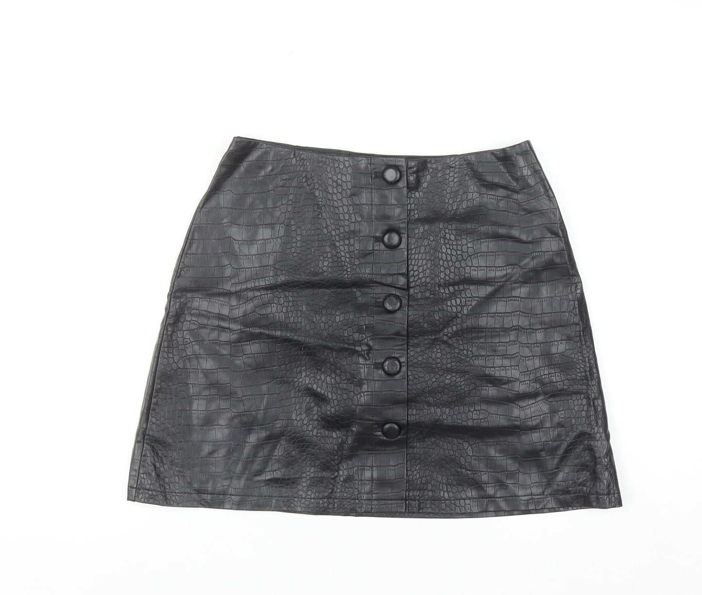 Primark Women’s Black Faux Leather Croc Button Short A-Line Skirt Size 12