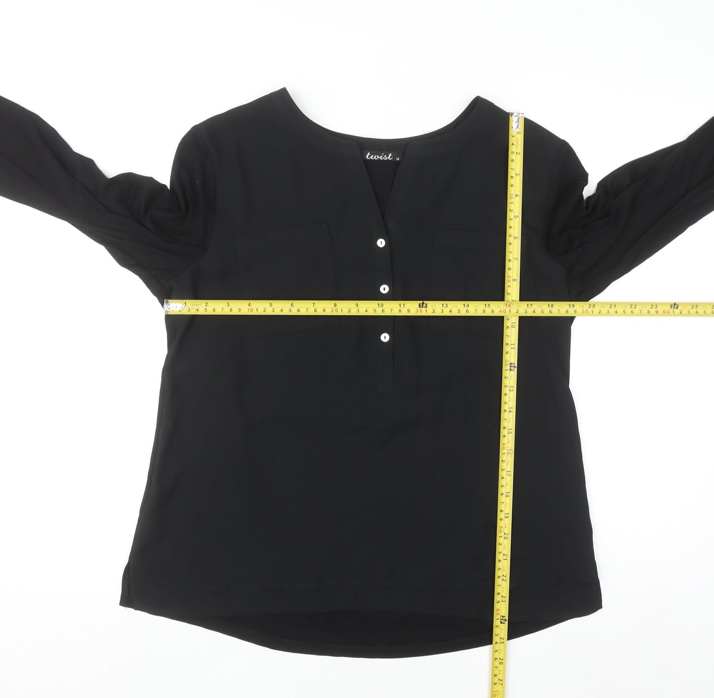 Twist Womens Black Blouse Size 12 V-Neck 3/4 Sleeve Work Top