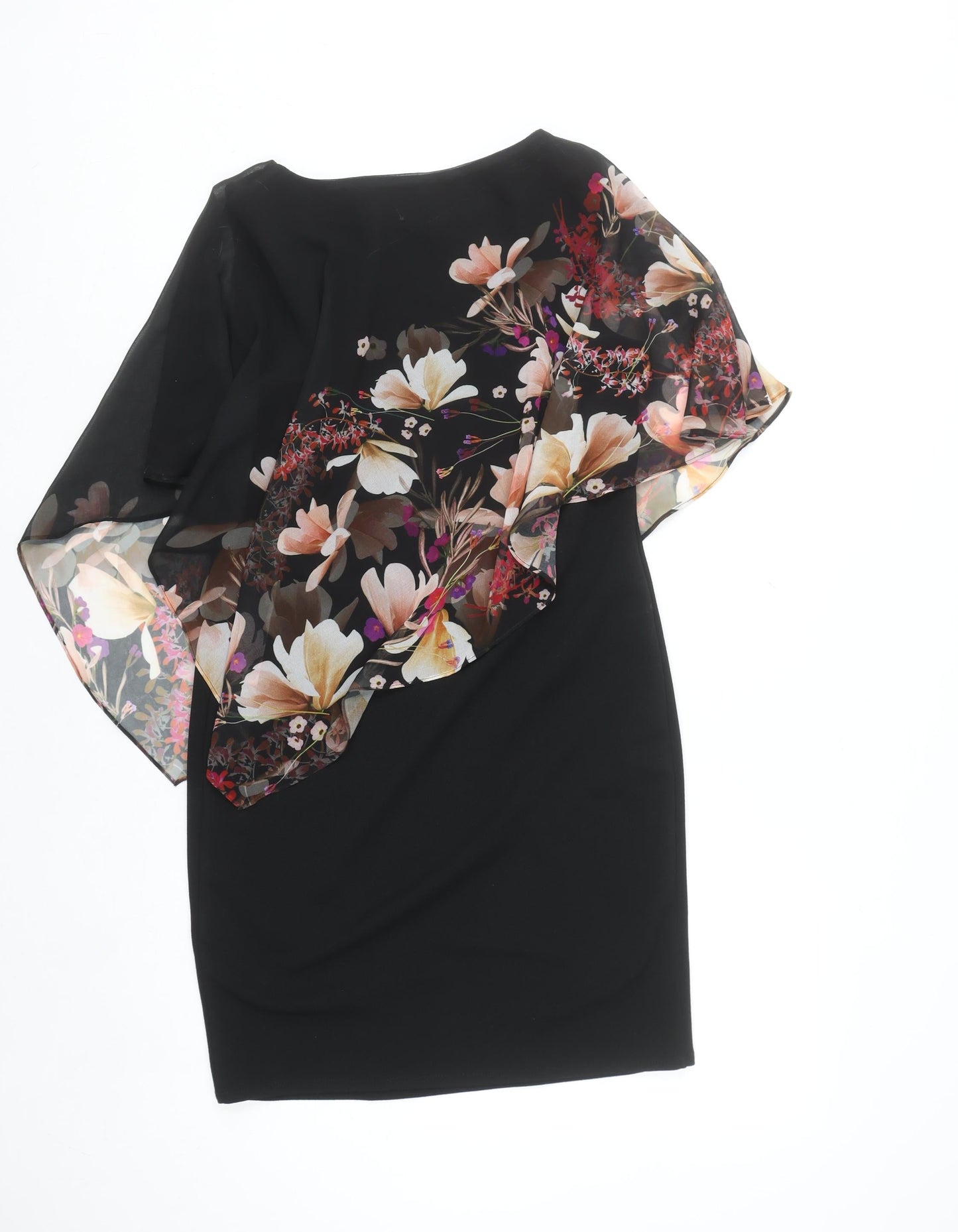 Wallis Petite Black Floral Asymmetric Chiffon Overlay Sheath Dress UK 8