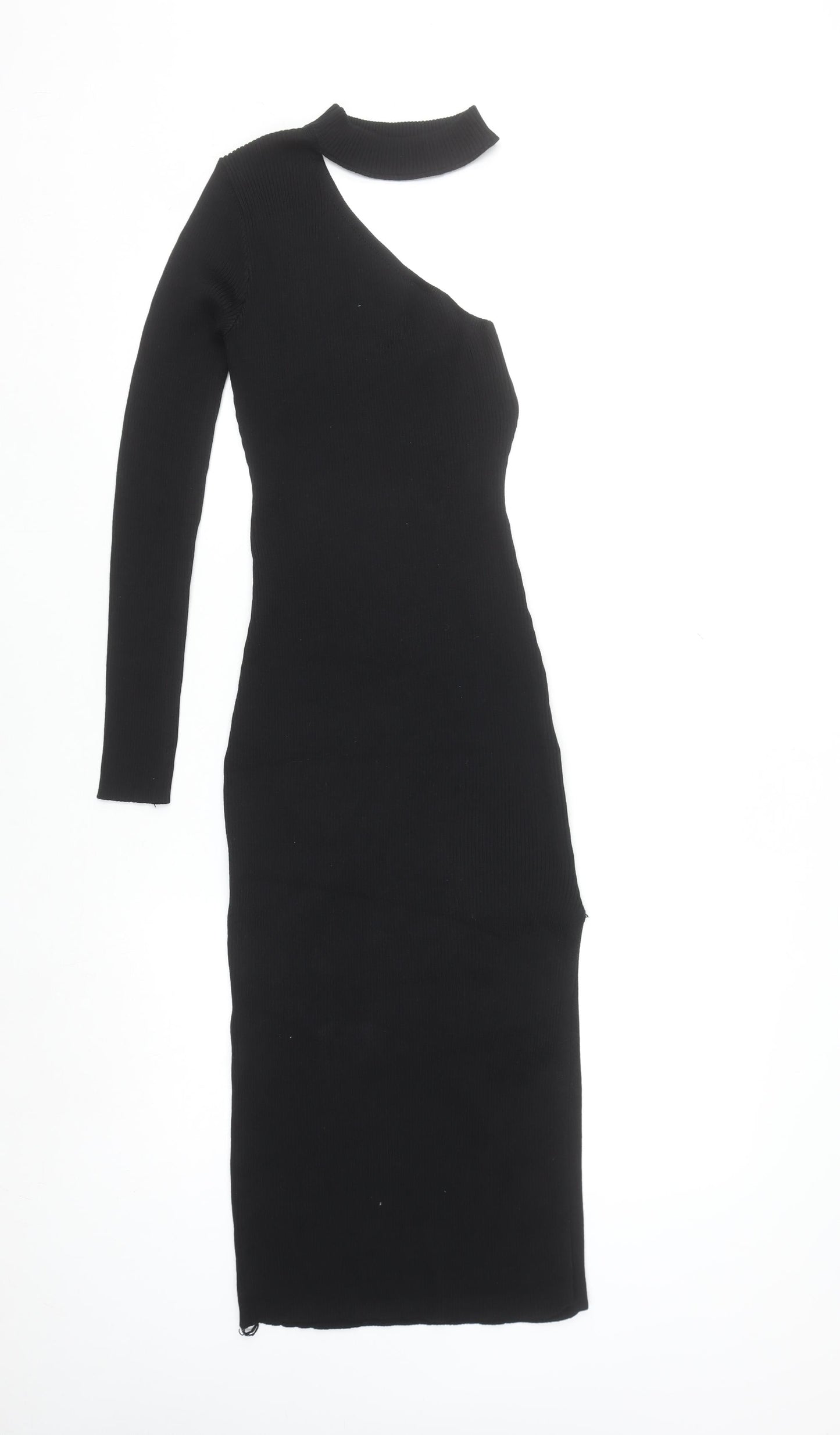 LUC-CE Womens Black Bodycon Knit Midi Dress M Asymmetric Long Sleeve