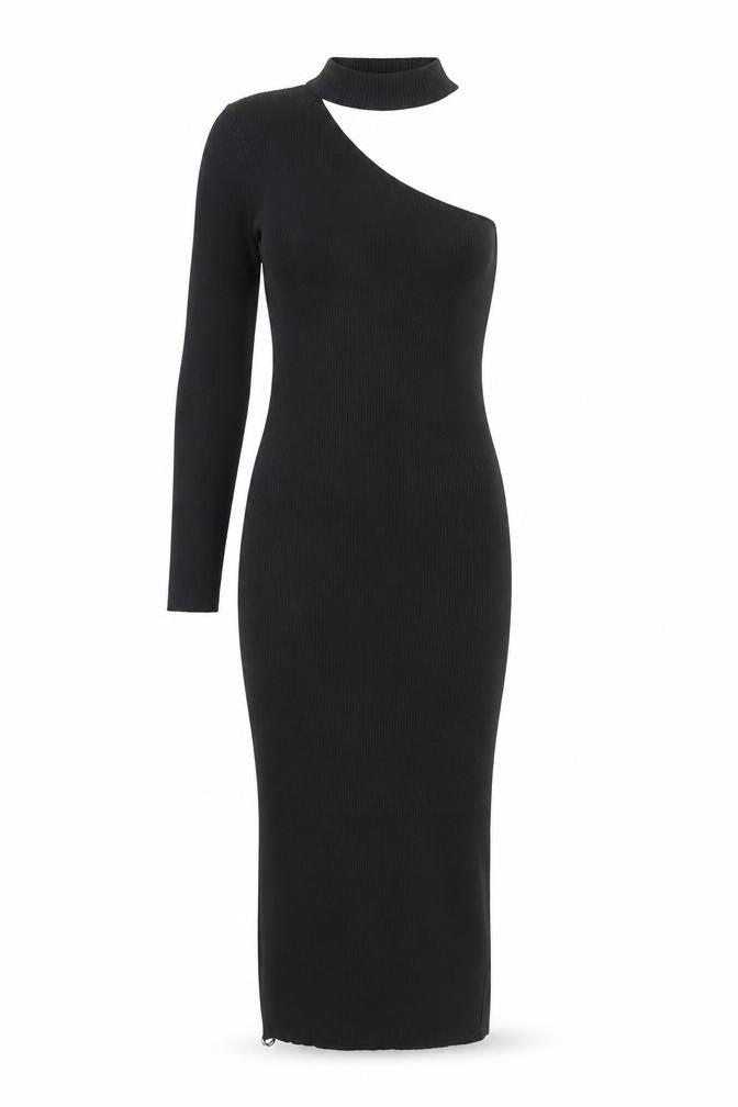 LUC-CE Womens Black Bodycon Knit Midi Dress M Asymmetric Long Sleeve