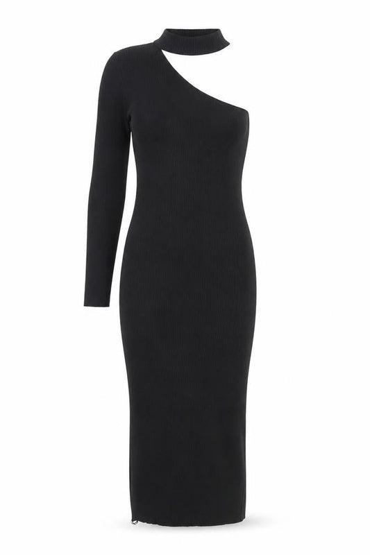 LUC-CE Womens Black Bodycon Knit Midi Dress M Asymmetric Long Sleeve