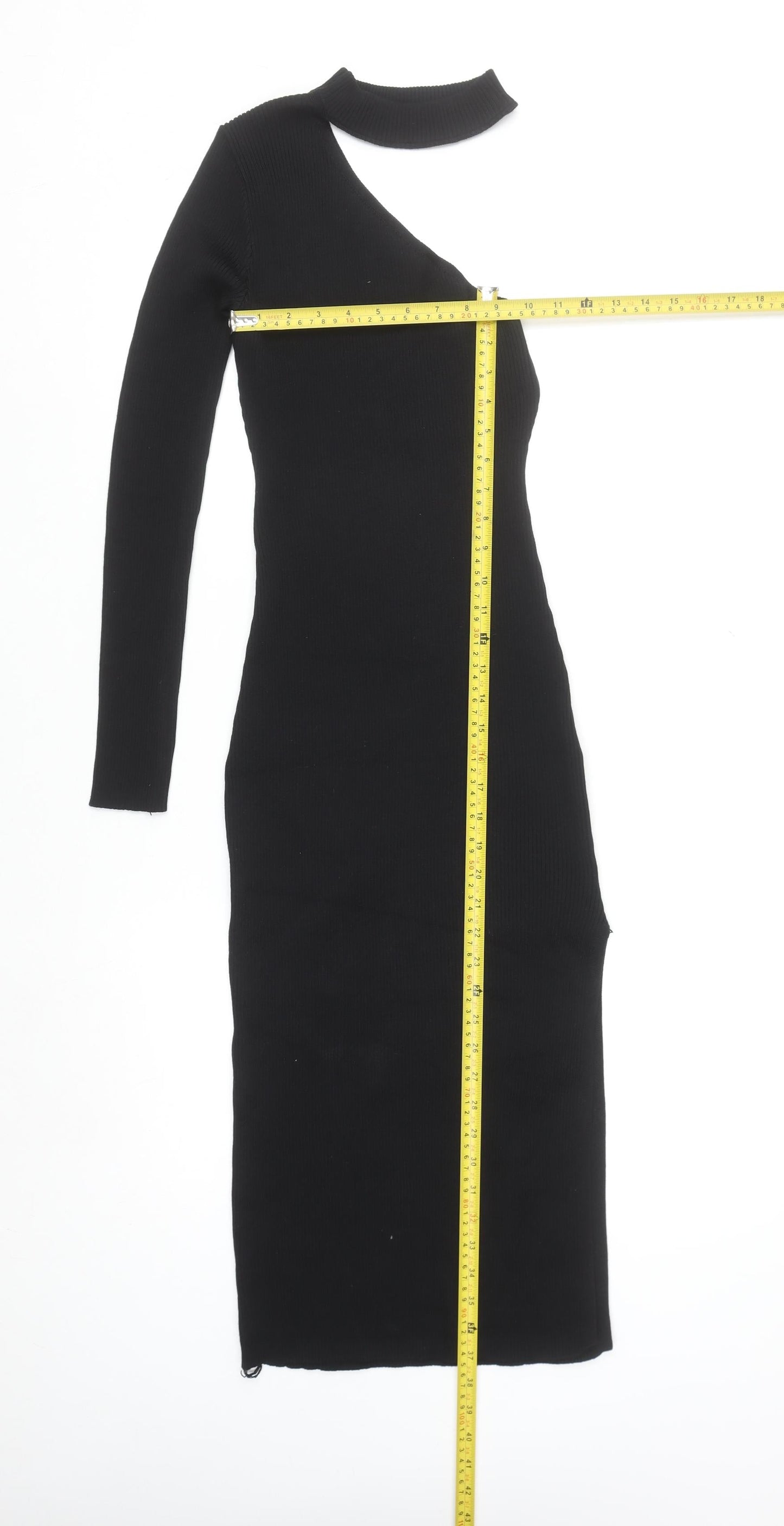 LUC-CE Womens Black Bodycon Knit Midi Dress M Asymmetric Long Sleeve