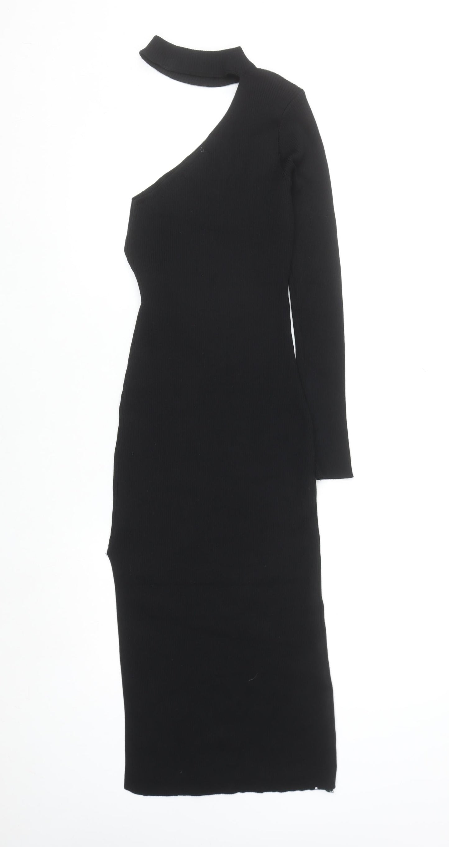 LUC-CE Womens Black Bodycon Knit Midi Dress M Asymmetric Long Sleeve