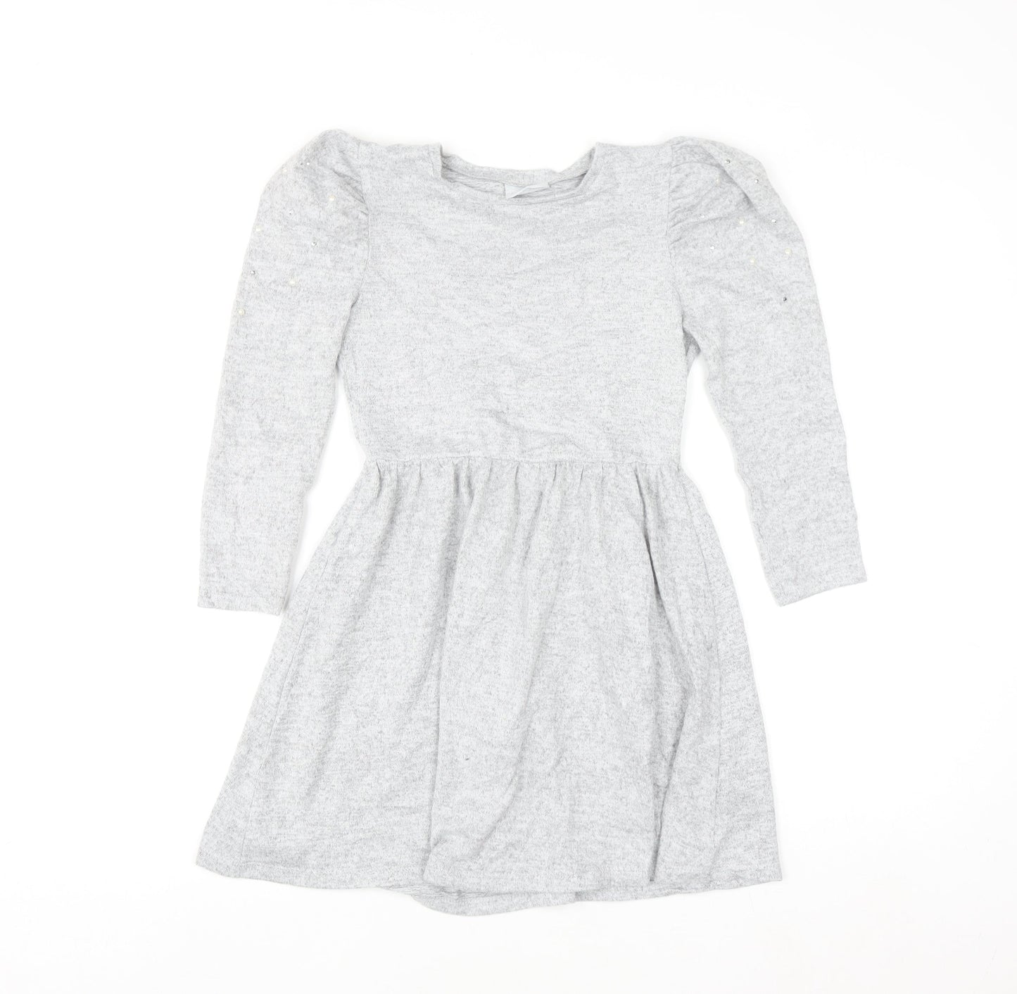 I Love Girlswear Grey Long Sleeve Puff Shoulder Fit & Flare Dress 9 Years