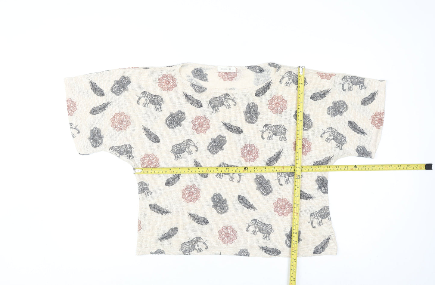 Ginger G Women’s Beige Bohemian Elephant Print Knit Jumper Size M