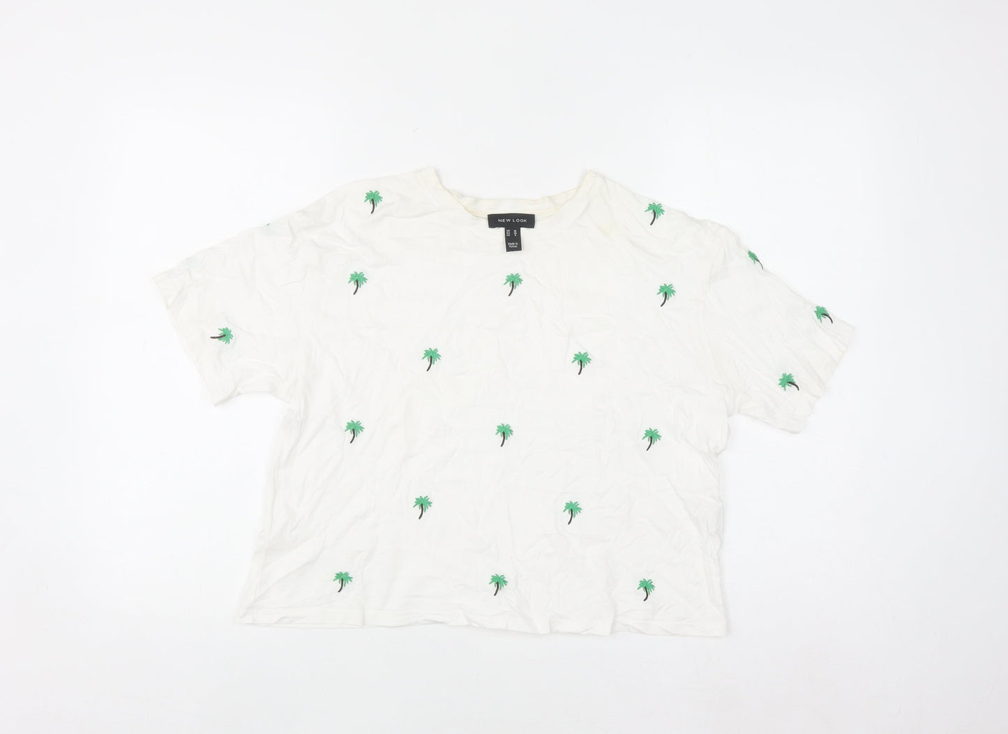 New Look Women's White Embroidered Palm T-Shirt UK 10 Cotton Summer Top