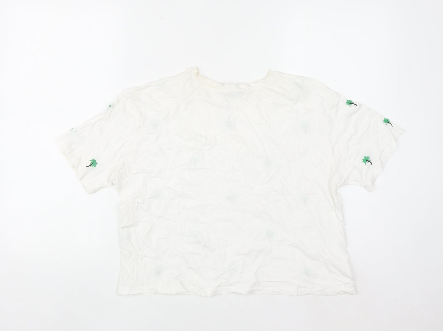 New Look Women's White Embroidered Palm T-Shirt UK 10 Cotton Summer Top