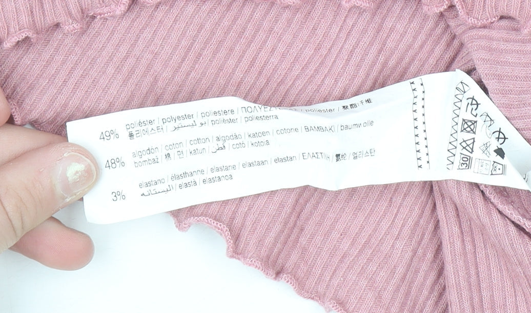 Pull & Bear Women Pink XS Slim V-Neck Ribbed Knit Cardigan