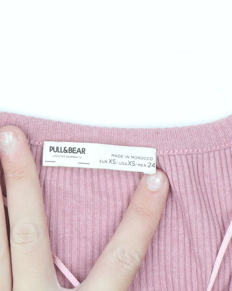 Pull & Bear Women Pink XS Slim V-Neck Ribbed Knit Cardigan