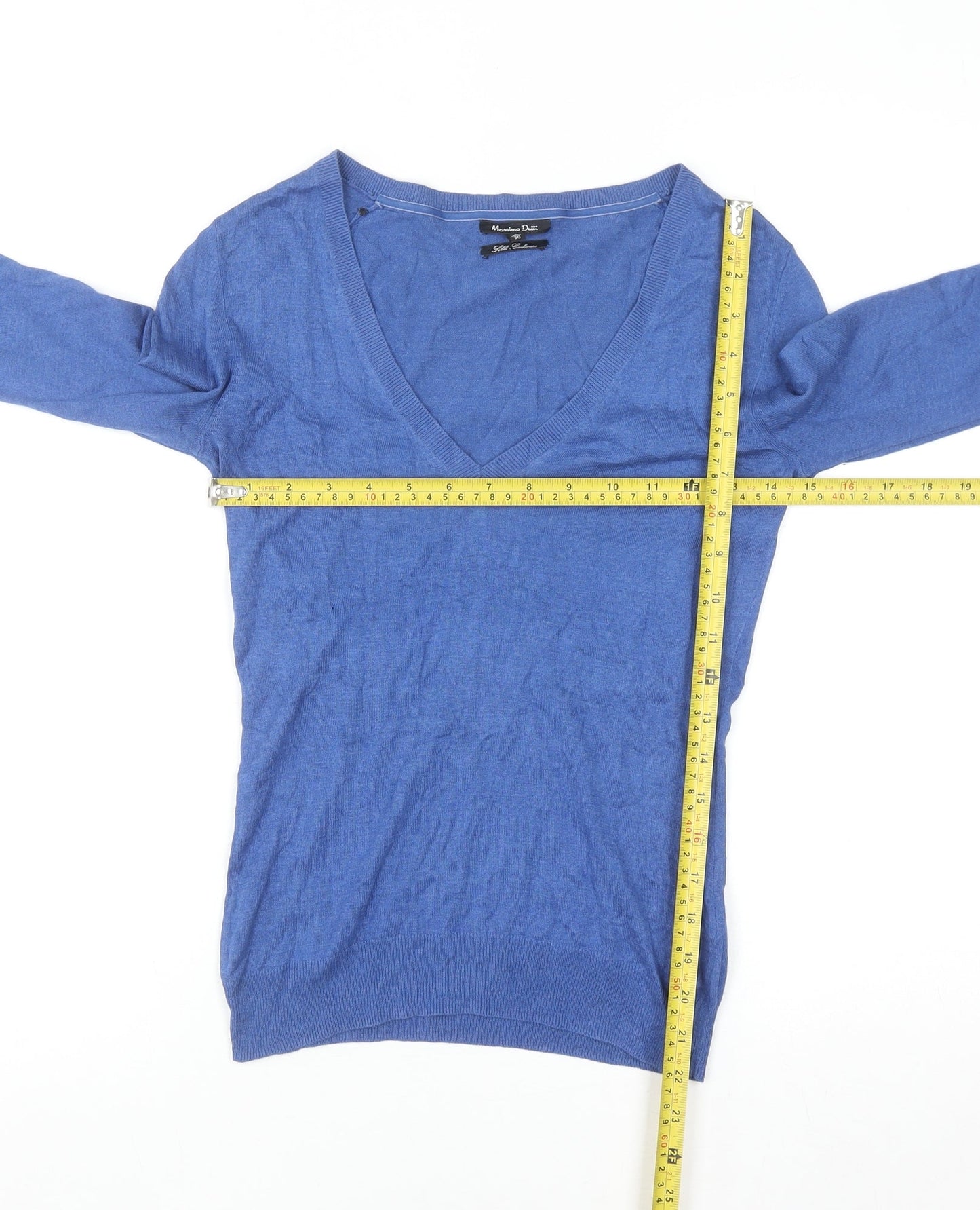Massimo Dutti Women's Blue Silk Cotton Cashmere V-Neck Jumper S
