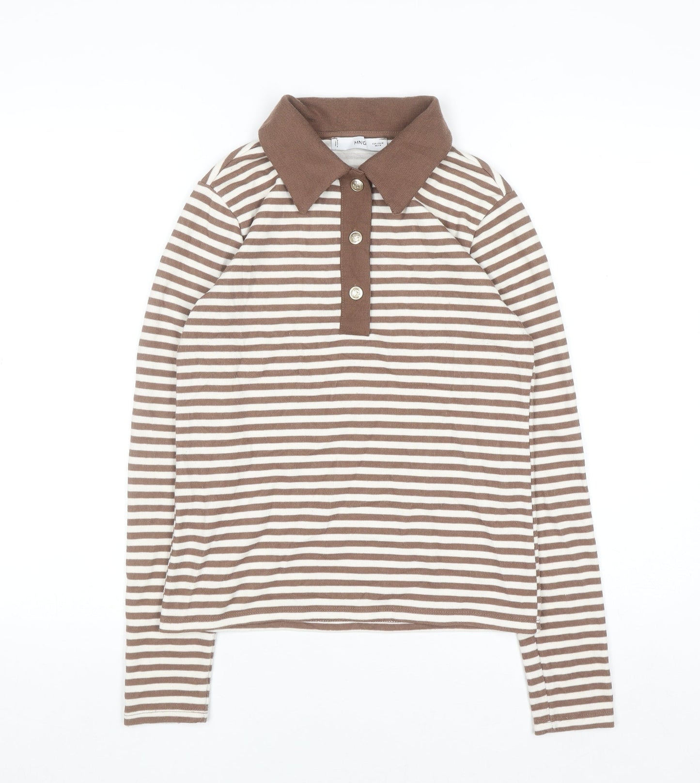MNG Women Brown Stripe Collared Henley Jumper Size M