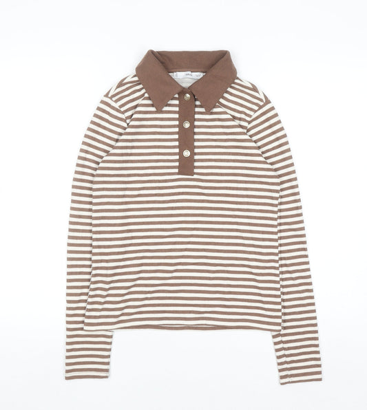MNG Women Brown Stripe Collared Henley Jumper Size M