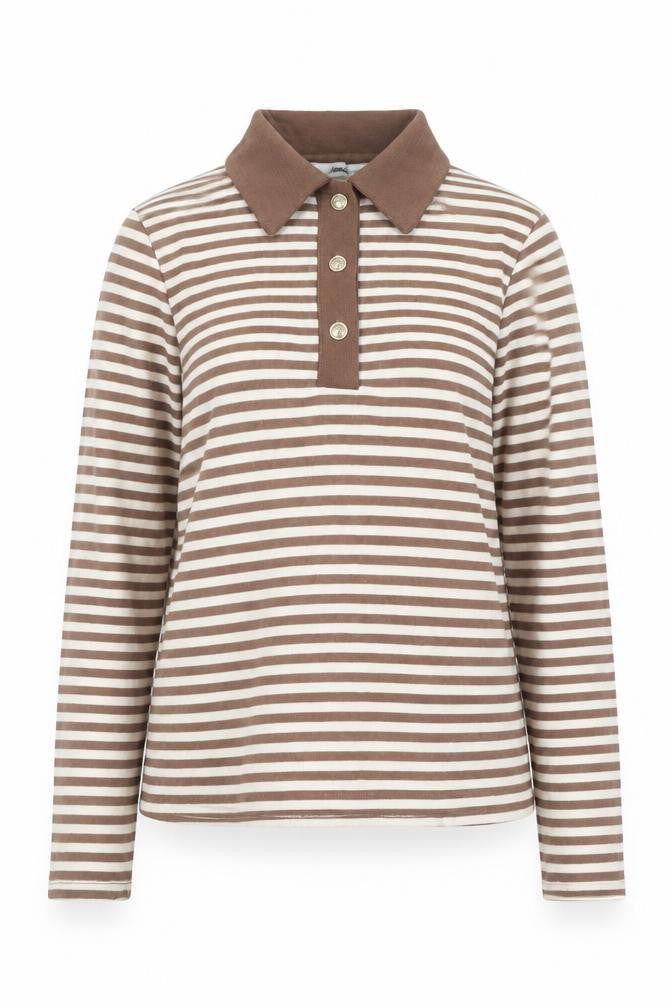 MNG Women Brown Stripe Collared Henley Jumper Size M