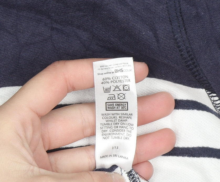 BHS Womens Blue White Striped Henley High Neck Cotton Jumper Size 16